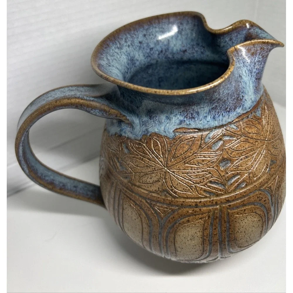Susan Brown Freeman Incised Monstera Studio Pottery Pitcher 7 1/2